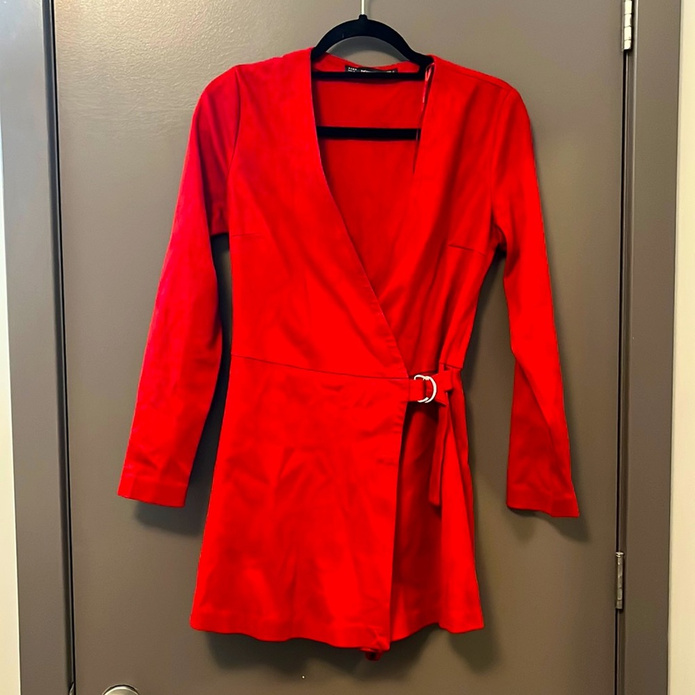 Red Faux Suede Long-Sleeve Romper from Zara | Size S